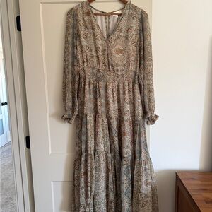 Bohme Floral Midi Dress in Cream and Brown